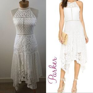 Parker Size M Talum Halter Neck Lace Dress‎ White Asymmetrical Hem Bridal Shower